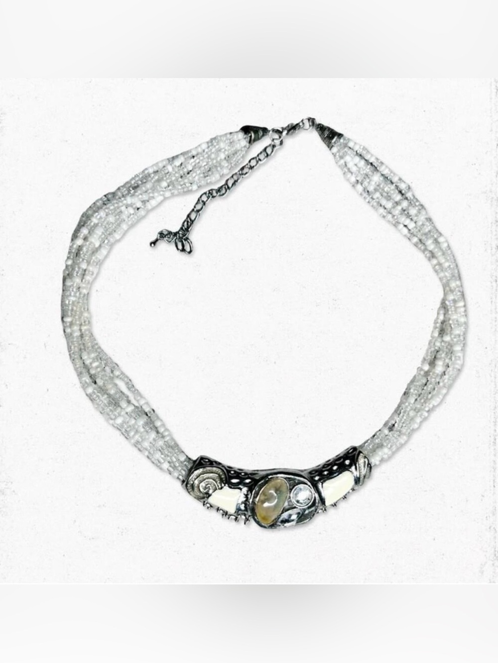 Vintage White Beaded Necklace with Silver Focal
